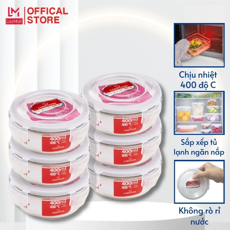 Bộ 6 hộp trữ thức ăn thủy tinh chịu nhiệt cường lực COBACOOK hộp hình tròn 400 ml- CCR46