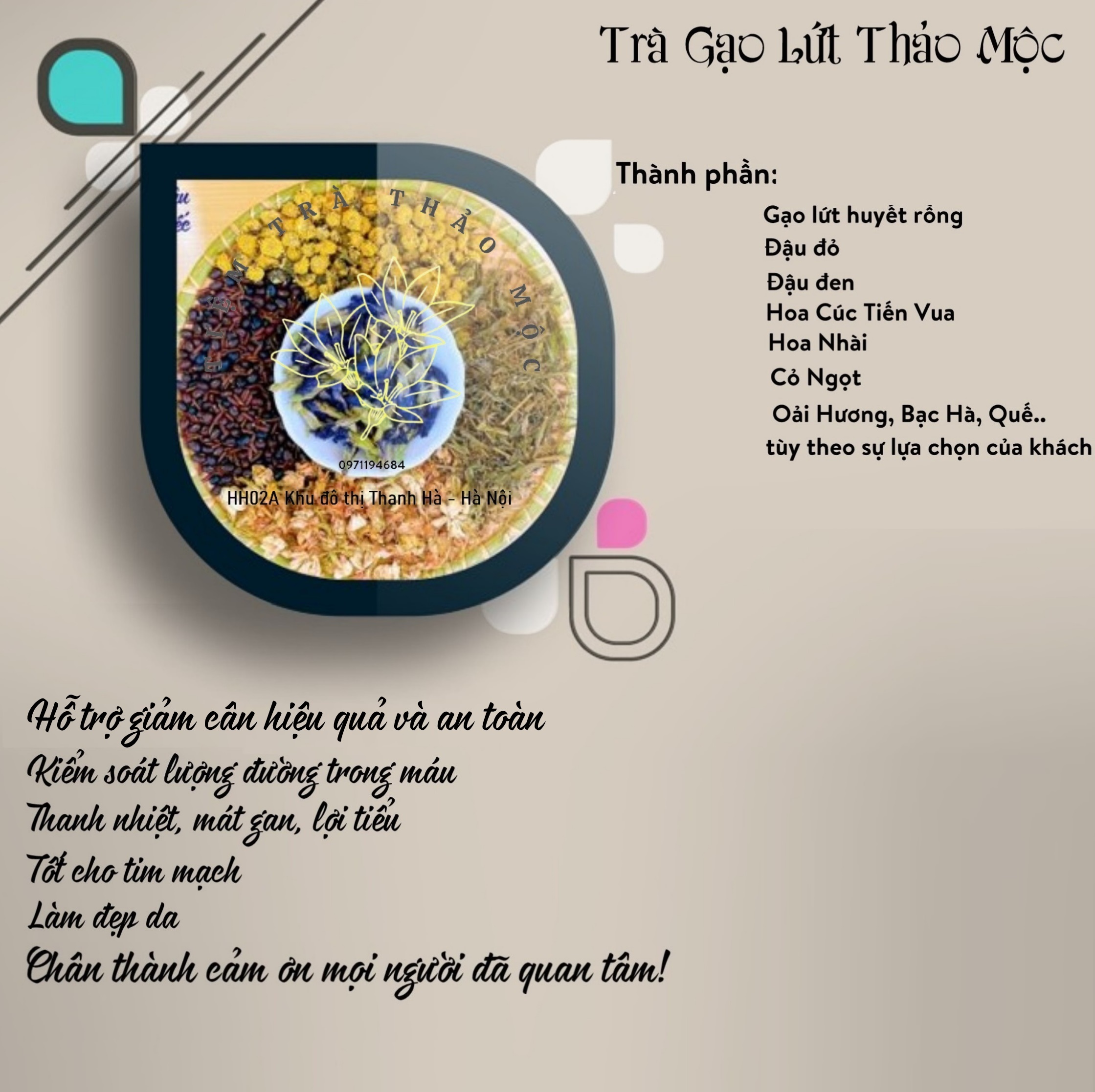 Trà gạo lứt vị bạc hà, vị oải hương, vị quế..