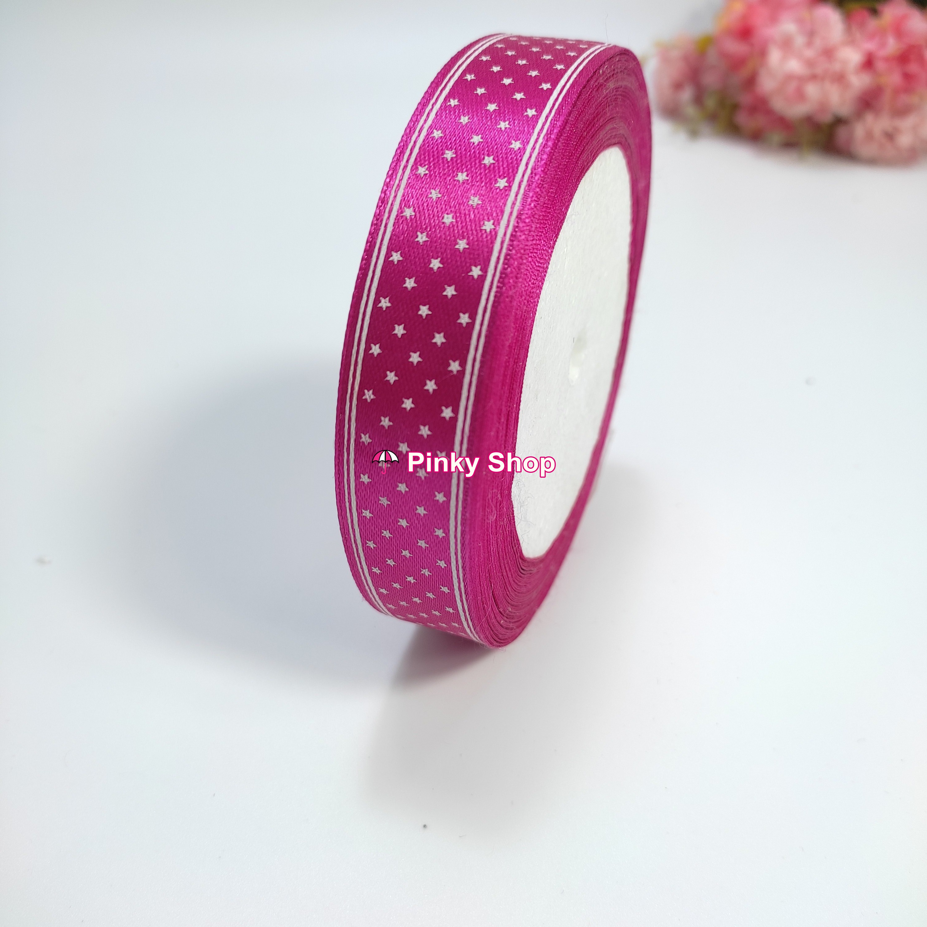 [Giá rẻ] Ruy băng lụa vải satin họa tiết ngôi sao 2cm cuộn 20m dùng làm nơ, gói quà, bó hoa phụ kiện handmade Pinky Shop