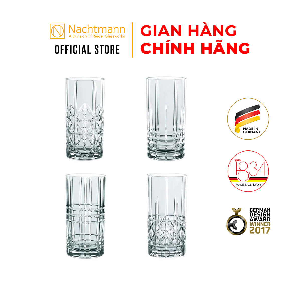 Bộ 4 ly pha lê cao Nachtmann Highland. Hàng chính hãng 100% sản xuất tại Đức. Chất liệu pha lê không chì an toàn cho sức khỏe. Thiết kế hiện đại sang trọng. Bề mặt sáng bóng. Tính chống vỡ chống xước cao.