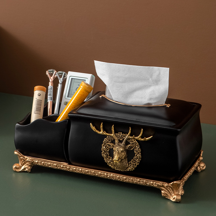 Hộp đựng giấy ăn đẹp hình đầu hươu cao cấp màu đen kèm giá để đồ kiểu dáng sang trọng, tinh tế