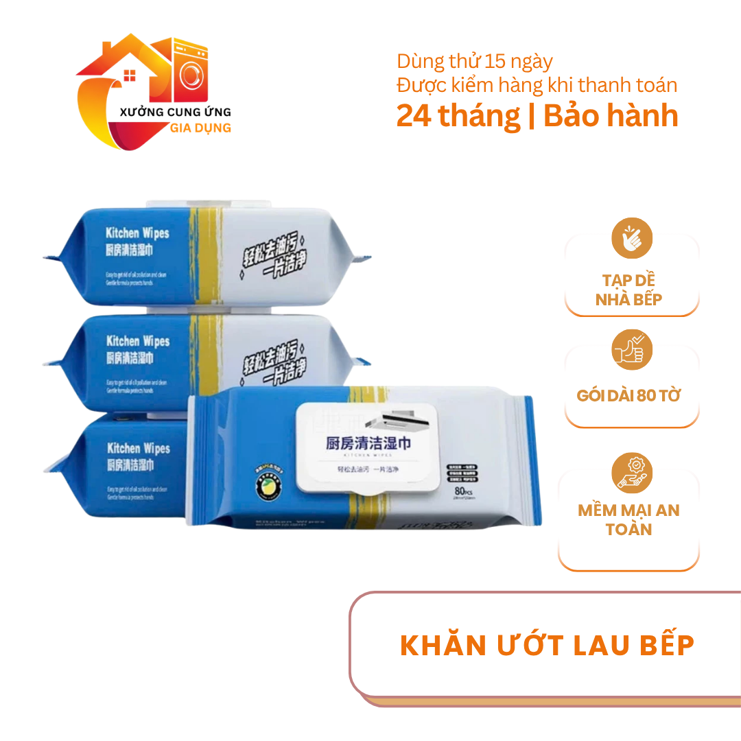 Gói khăn ướt lau bếp đa năng loại xịn 80 tờ gói dài, khăn lau bếp tiện lợi, làm sạch dầu mỡ và vết bẩn hiệu quả