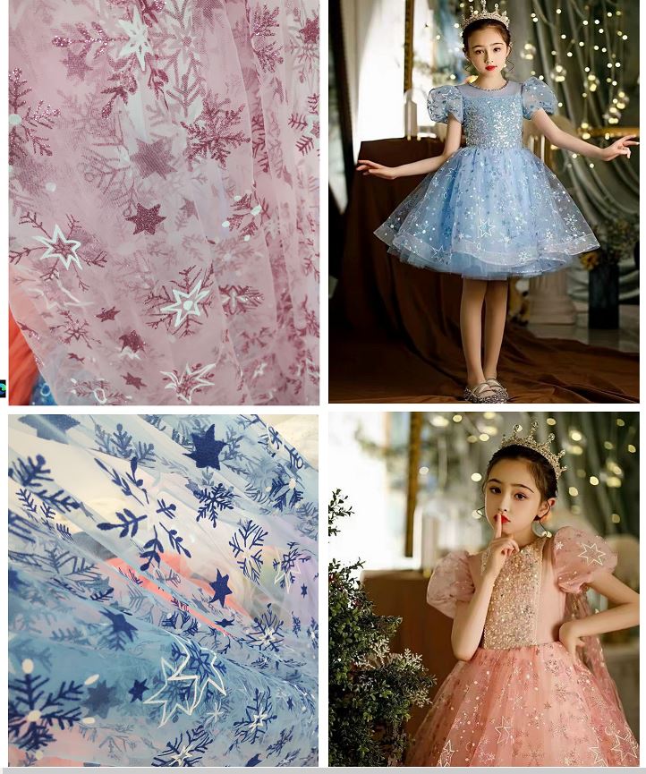 Vải voan lưới elsa hình sao, bông tuyết may váy áo xinh xắn cho bé, trang trí noel