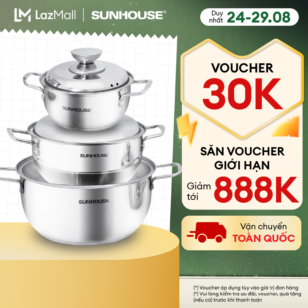 Bộ Nồi Inox 3 Đáy SUNHOUSE SH335 - 16, 20, 24 cm - Đáy 3 Lớp Truyền Nhiệt Nhanh - Chất liệu inox cao cấp không bị oxy hoá - Phù Hợp Mọi Loại Bếp - Hàng Chính Hãng