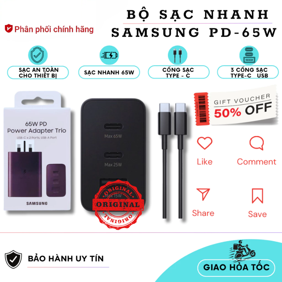( Samsung Sale )Bộ Sạc Nhanh 65w Samsung Ep-T6530n 3 Cổng Sạc 3 Cổng Samsung Ep-T6530 Củ Sạc Nhanh 6