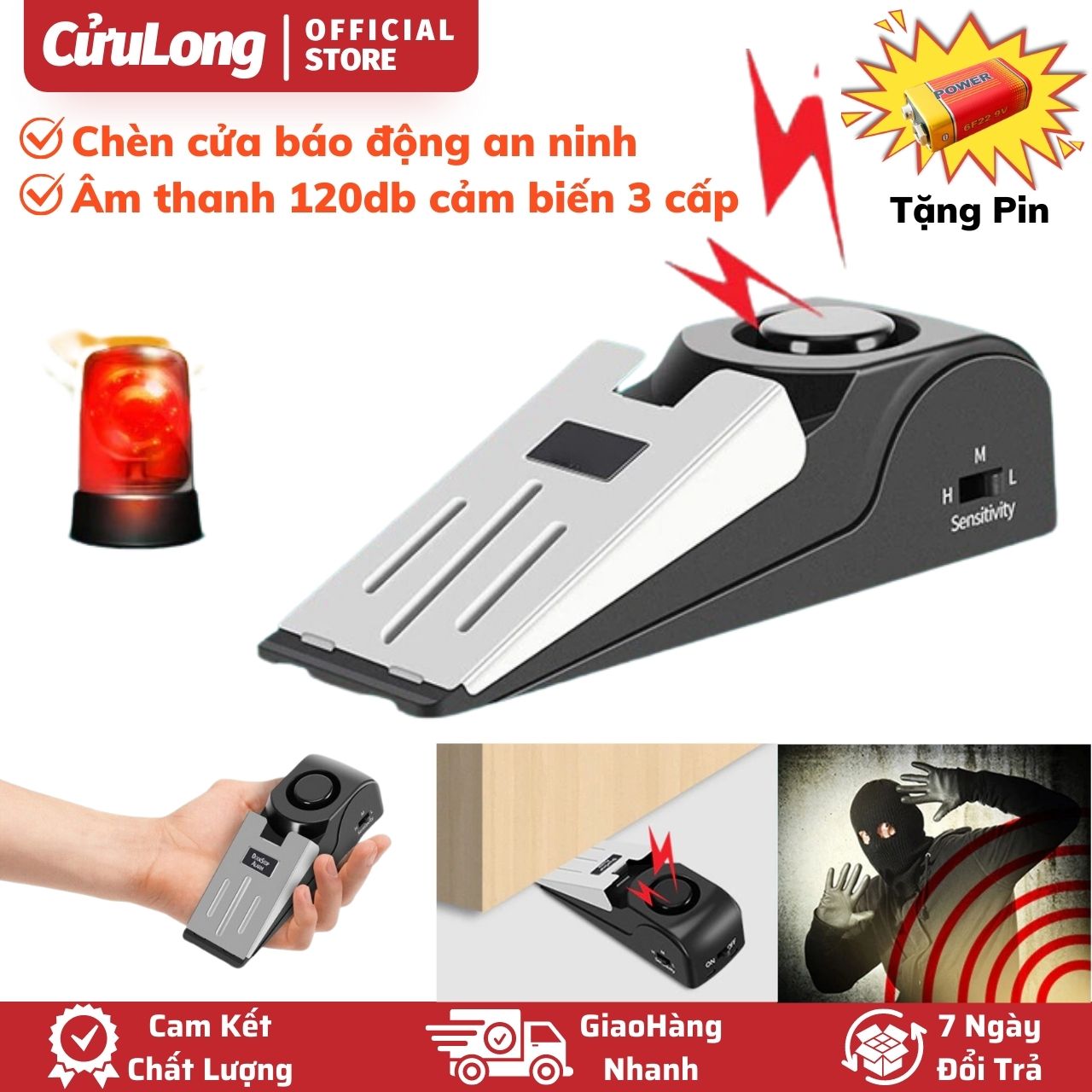 Báo Động Chống Trộm Chèn Cửa, còi báo động 120Db âm thanh lớn 3 mức âm lượng, chốt chặn cửa thông minh