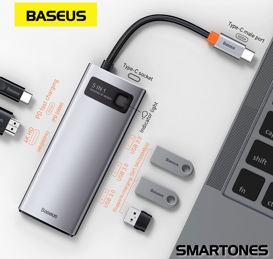Bộ USB Hub type C Baseus Metal Gleam 5 in 1, USB 3.0 *3 , HDMI *1 , PD*1 100W cho laptop, và điện thoại