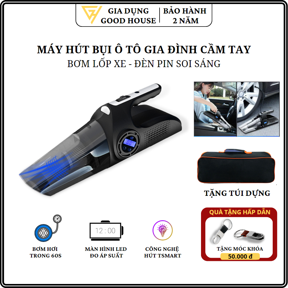 Máy hút bụi cầm tay đa năng máy hút bụi ô tô giúp bạn dọn dẹp gia đình dễ dàng tiết kiệm thời gian. Máy hút bụi đa năng 4 trong 1, hút bụi, bơm hơi lốp xe ô tô, kiểm tra áp suất lốp kèm đèn pin tiện ích. Bảo hành 2 năm