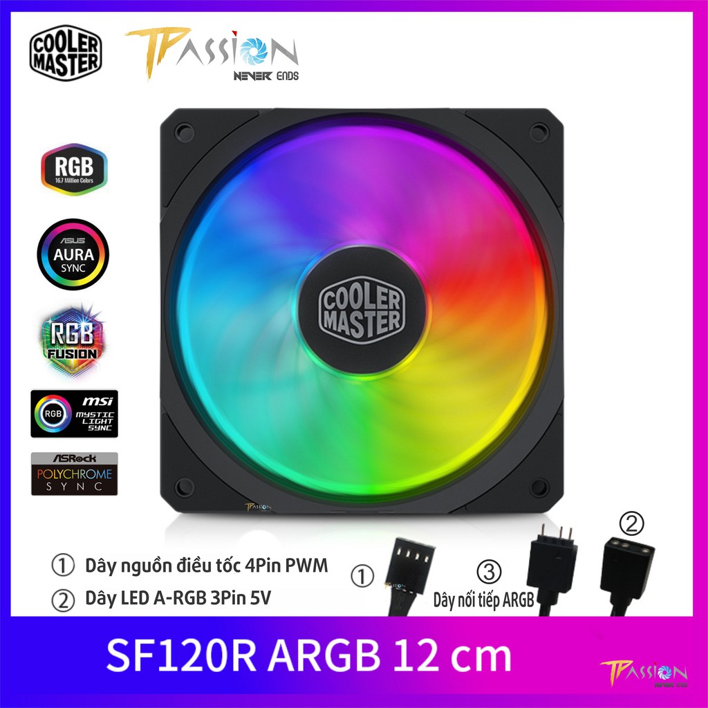 Quạt fan case 12cm cooler master masterfan sf120r argb - tốc độ 2000rpm mạnh mẽ quay êm pwm led argb đa màu rainbow