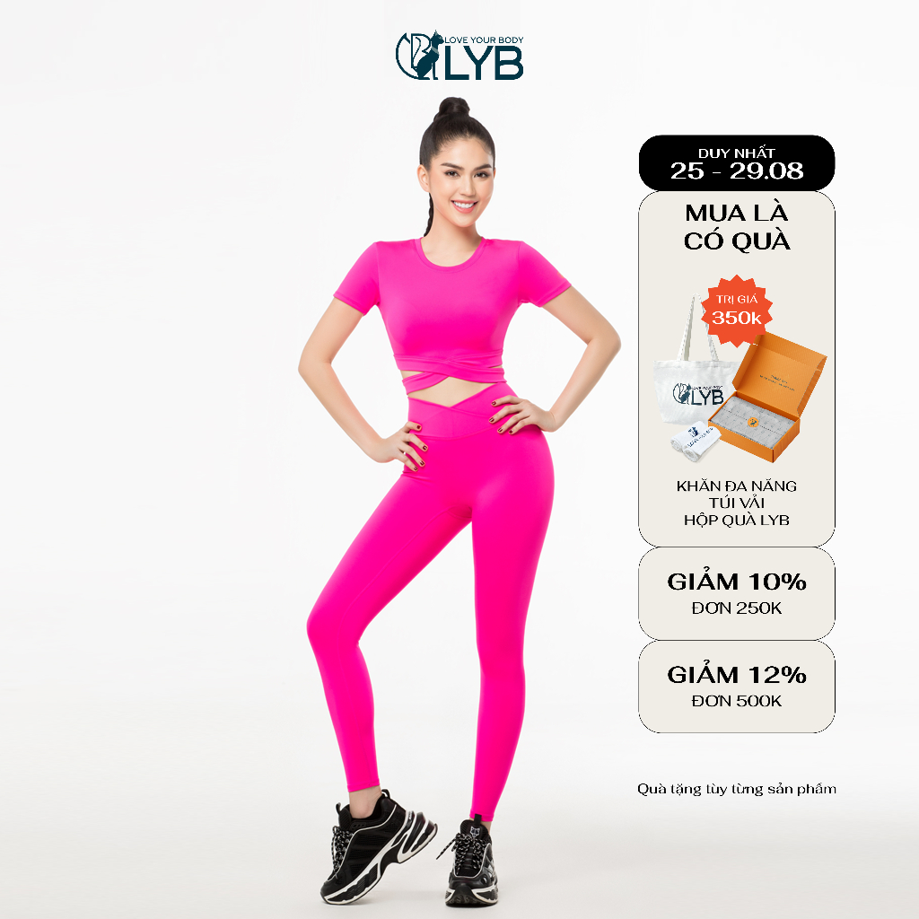 Đồ tập gym yoga nữ LYB Set đồ tập áo croptop form ôm tay ngắn và quần legging dài chéo eo FW22-S00001