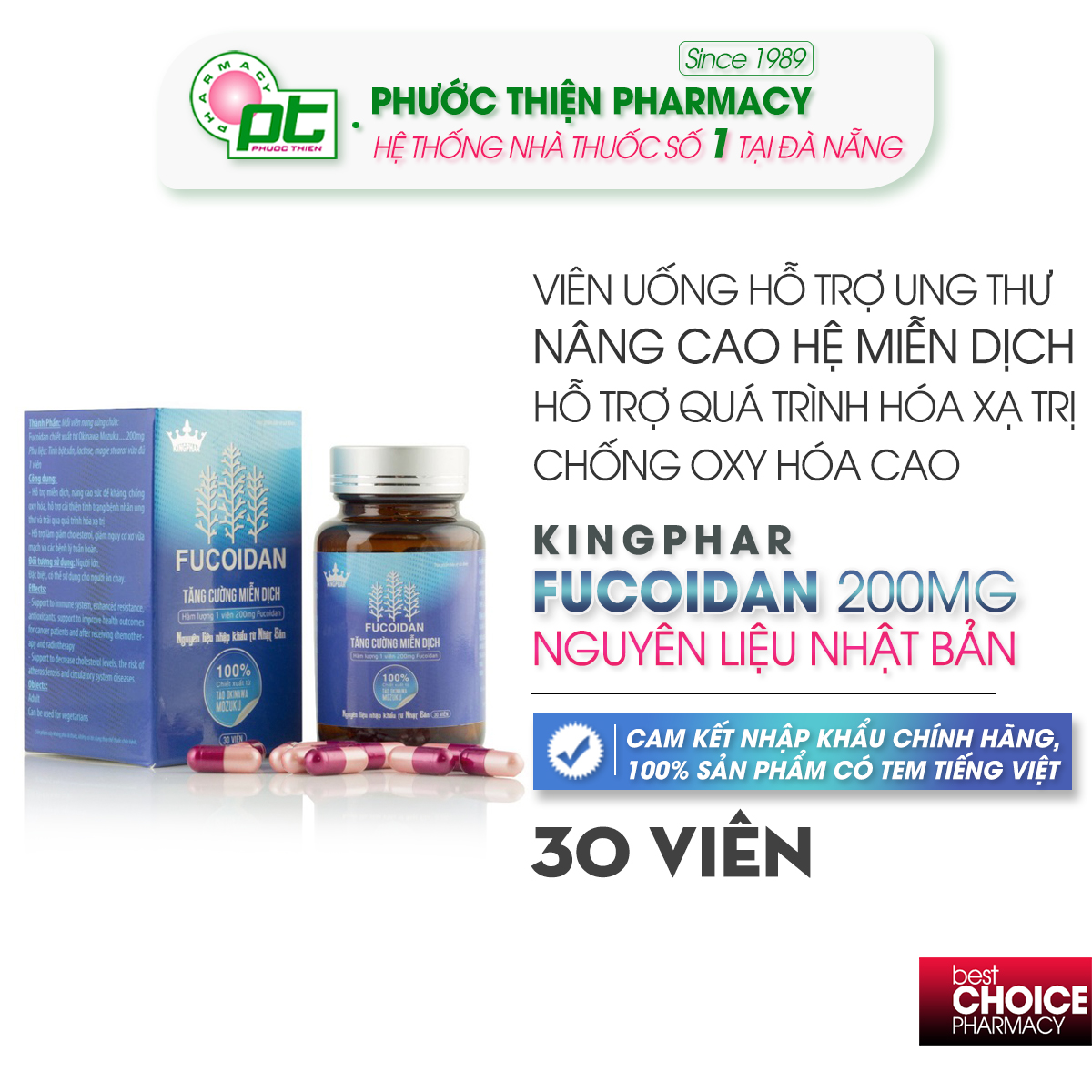 Viên uống hỗ trợ ngăn ngừa ung thư Fucoidan Kingphar Lọ 40 Viên