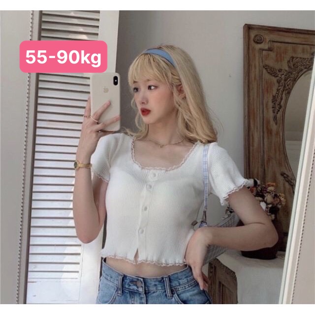 Áo thun croptop bigsize phối ren nút bọc , áo thun bigsize nữ 55-90kg Smilebigsize