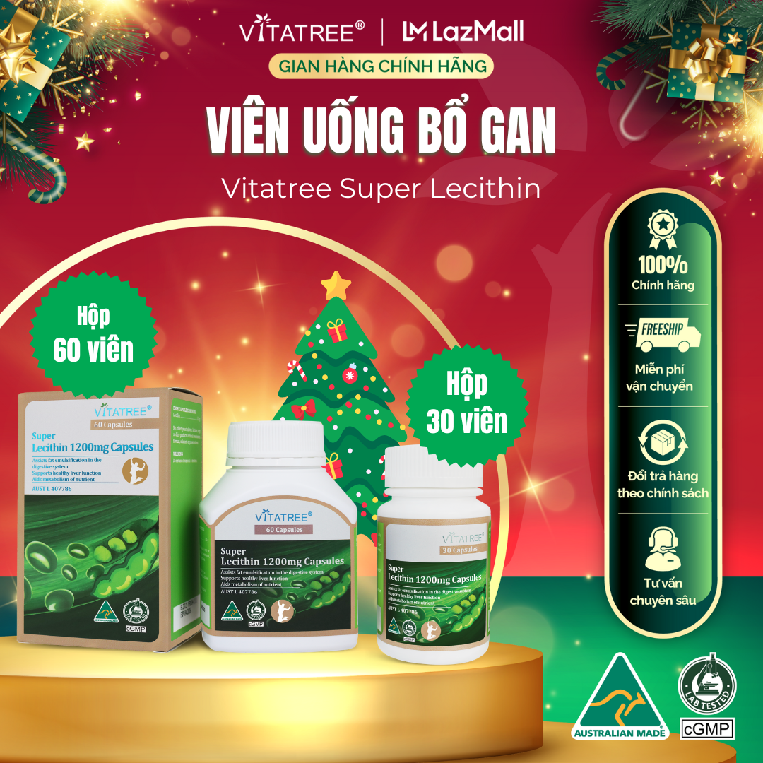 Viên uống thải độc gan, bổ gan Vitatree Super Lecithin 1200mg hộp 60 viên và lọ 30 viên