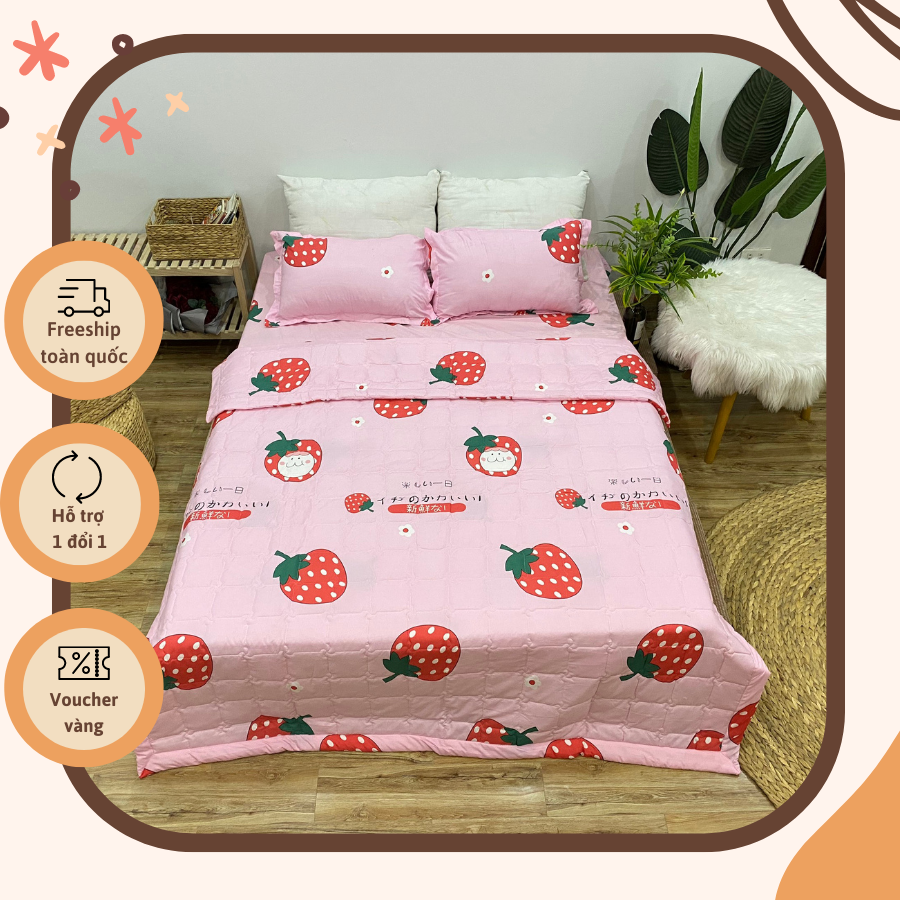 Bộ chăn hè 5 món mẫu dâu tây siêu đáng yêu ( gồm 1 ga + 1 chăn hè chần bông + 2 vỏ gối + 1 vỏ gối ôm) mã CHM11