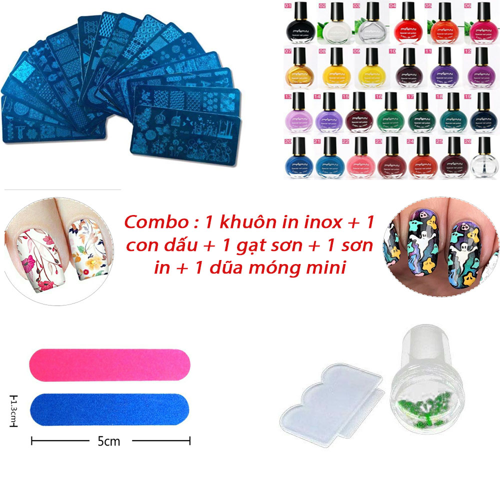 Combo Bộ Con dấu + 1 khuôn in +1 Sơn in + 1 dũa mini tạo hình trang trí móng tay nghệ thuật chuyên dụng