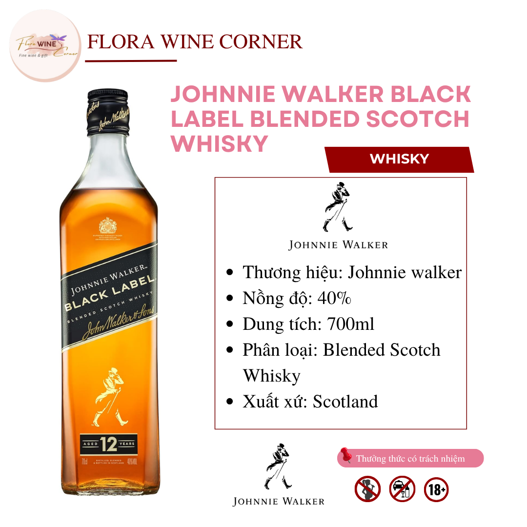 Rượu mạnh Whisky Scotland Johnnie Walker Black Label Blended Scotch Whisky – Nồng độ 40% Alc, 750ml - Nhập khẩu Chính Hãng