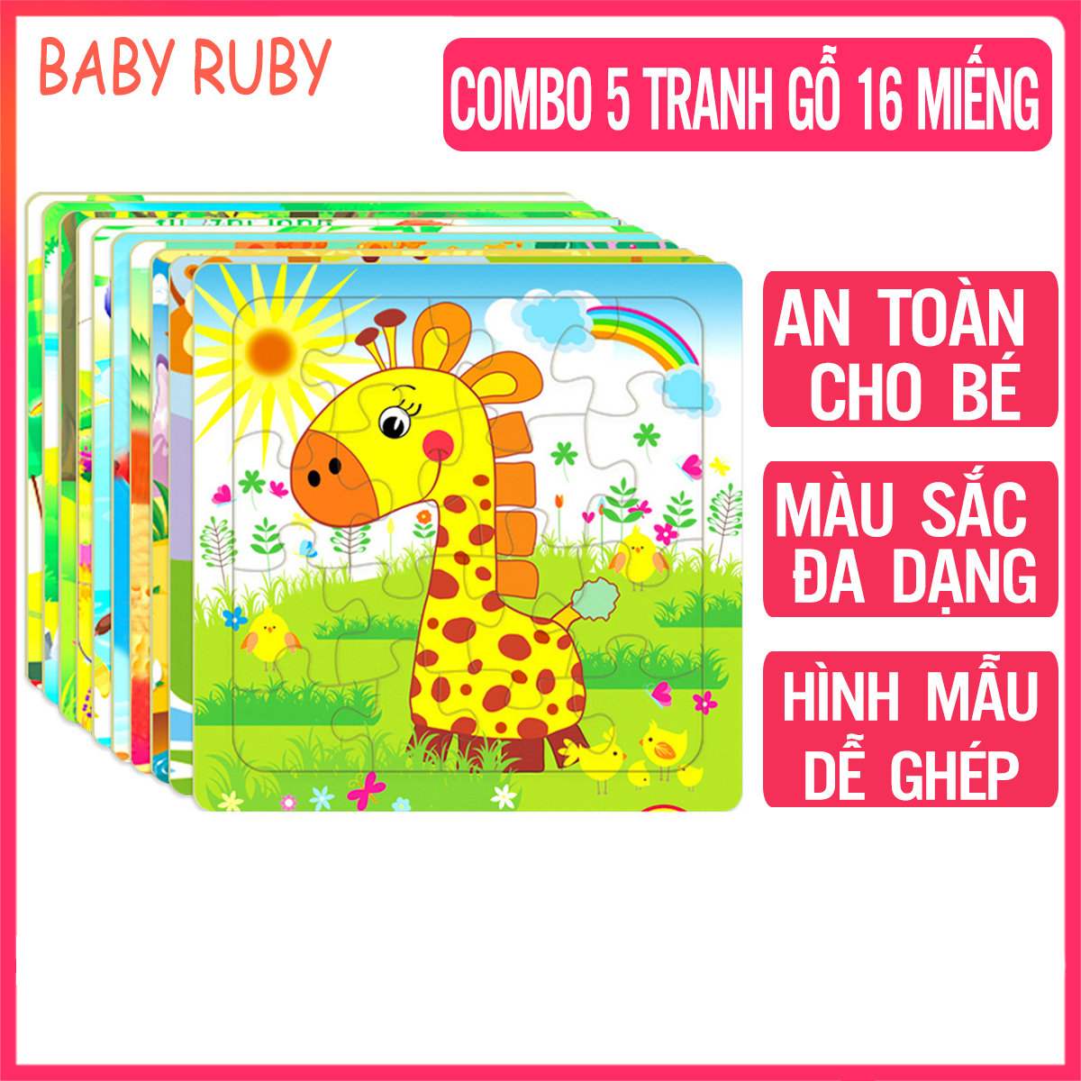 [Combo 5] Tranh Ghép Hình Cho Bé - 16 Miếng, Gỗ Cao Cấp, Bé Phát Triển - Đồ Chơi Gỗ, Tranh Ghép Hình Gỗ, Đồ Chơi Ghép Hình, Tranh Xếp Hình Cho Bé