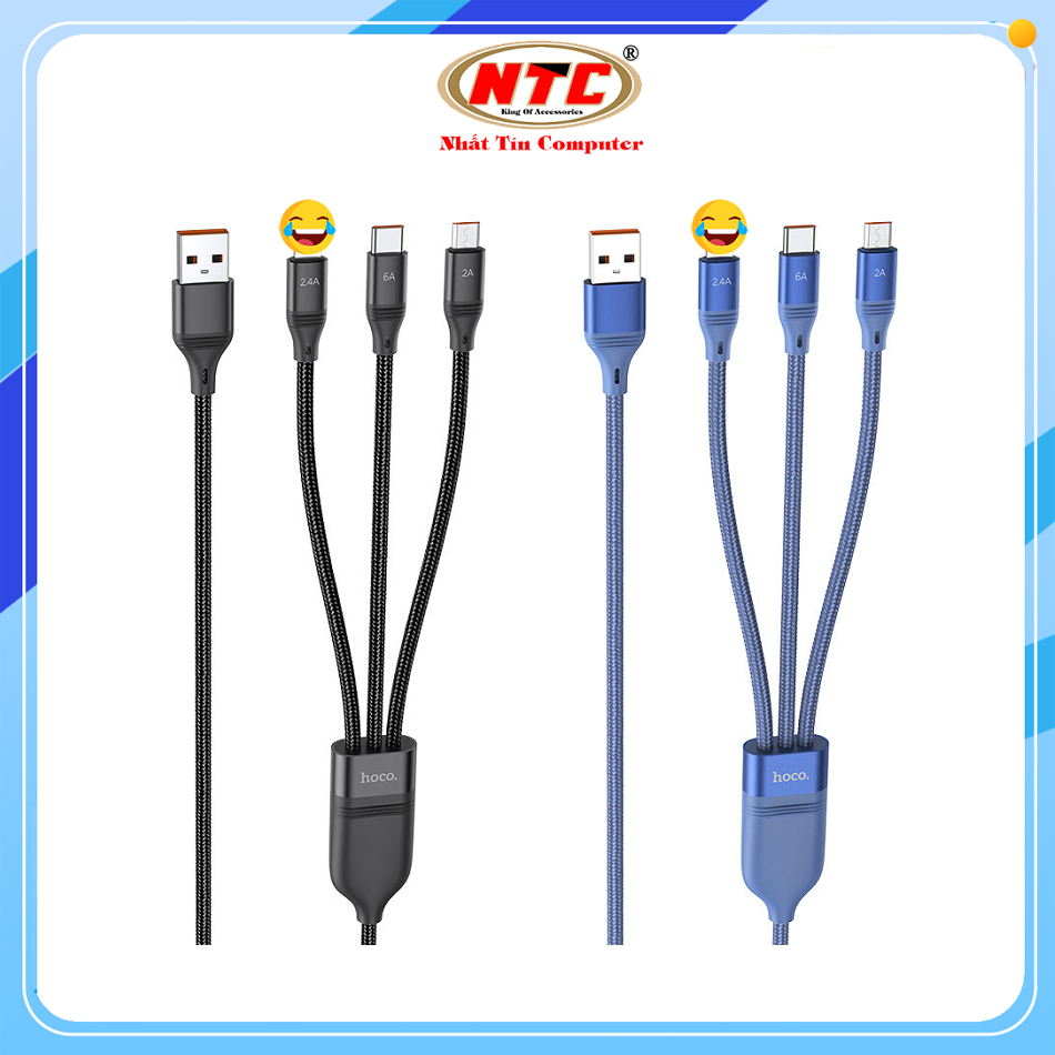 Cáp sạc 3 đầu hoco u104 cổng microusb / lightning / type-c dài 1.2m, max 6a, 66w - nhất tín computer