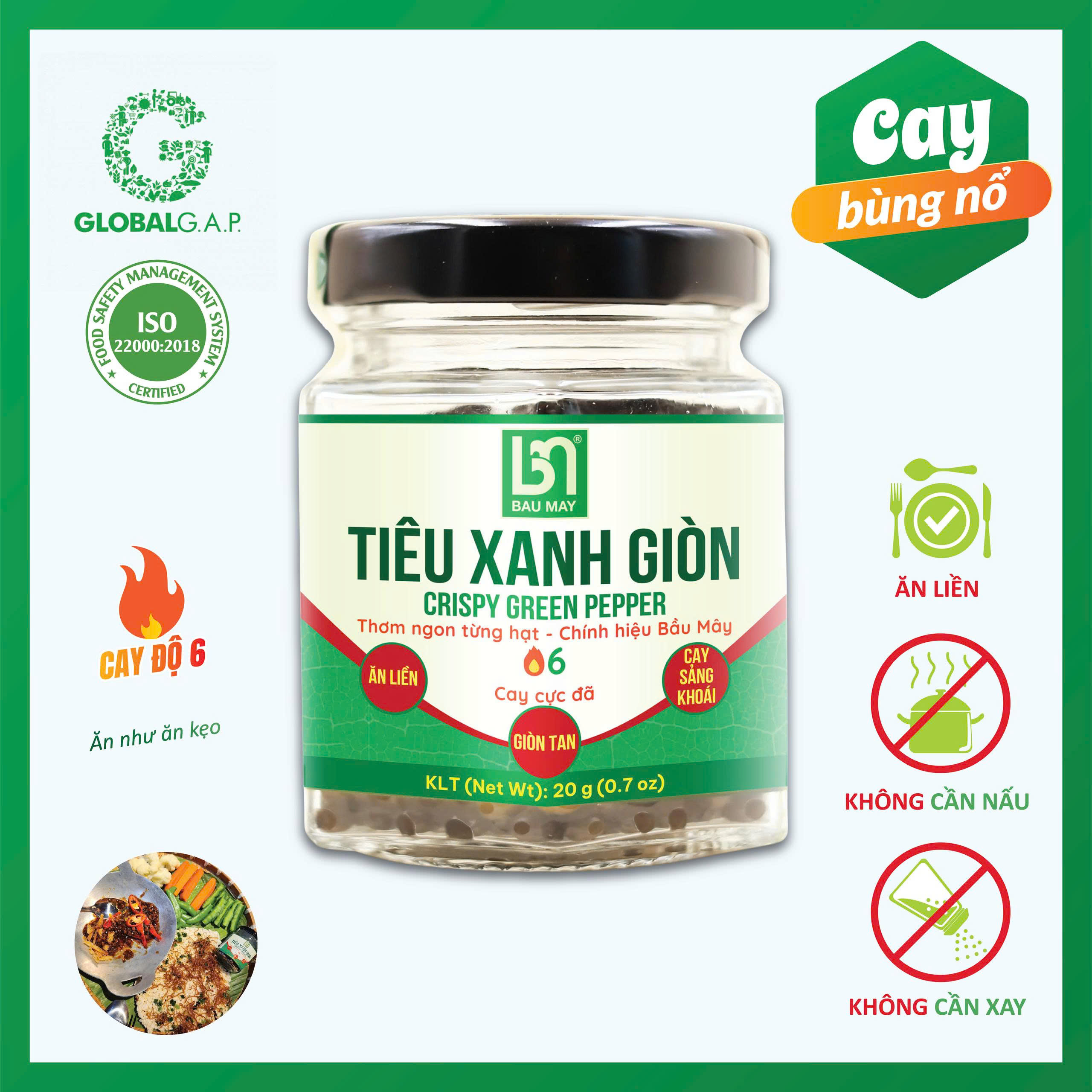 Tiêu Xanh Giòn Bầu Mây - Tiêu Ăn Liền - Cấp Độ Cay 6/6 - Hũ 20g - Hồ Tiêu Vùng Trồng Đạt GLOBALG.A.P.
