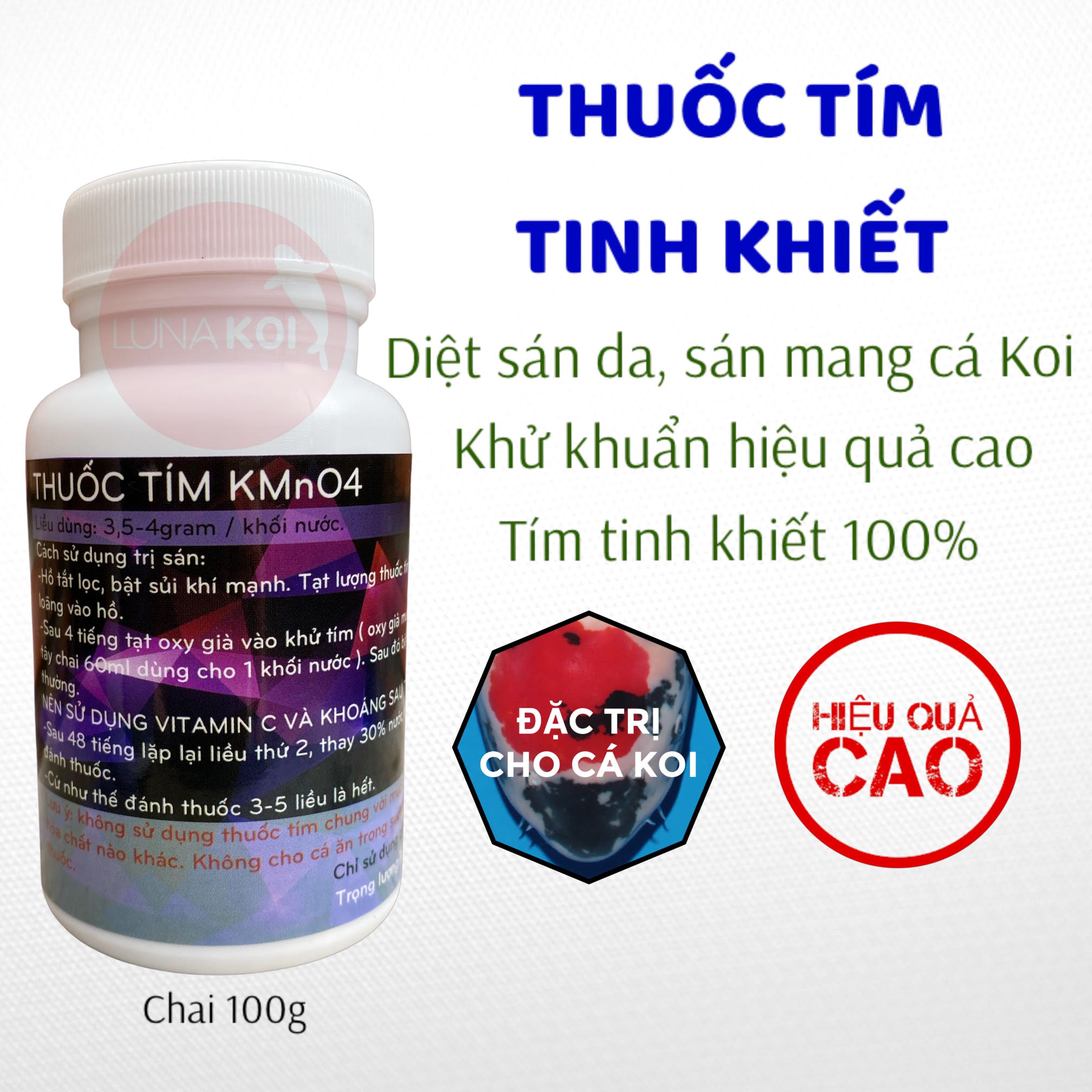 Tím tinh khiết trị bệnh cá cảnh - trị sán da, sán mang cá Koi, khử trùng sát khuẩn hồ cá cảnh lọ 100g