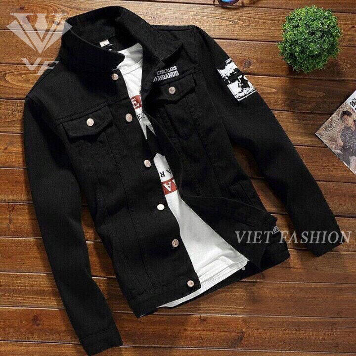 FREESHIP ÁO KHOÁC JEAN NAM THỜI TRANG CAO CẤP ĐEN IN THÊU 03 VIET FASHION