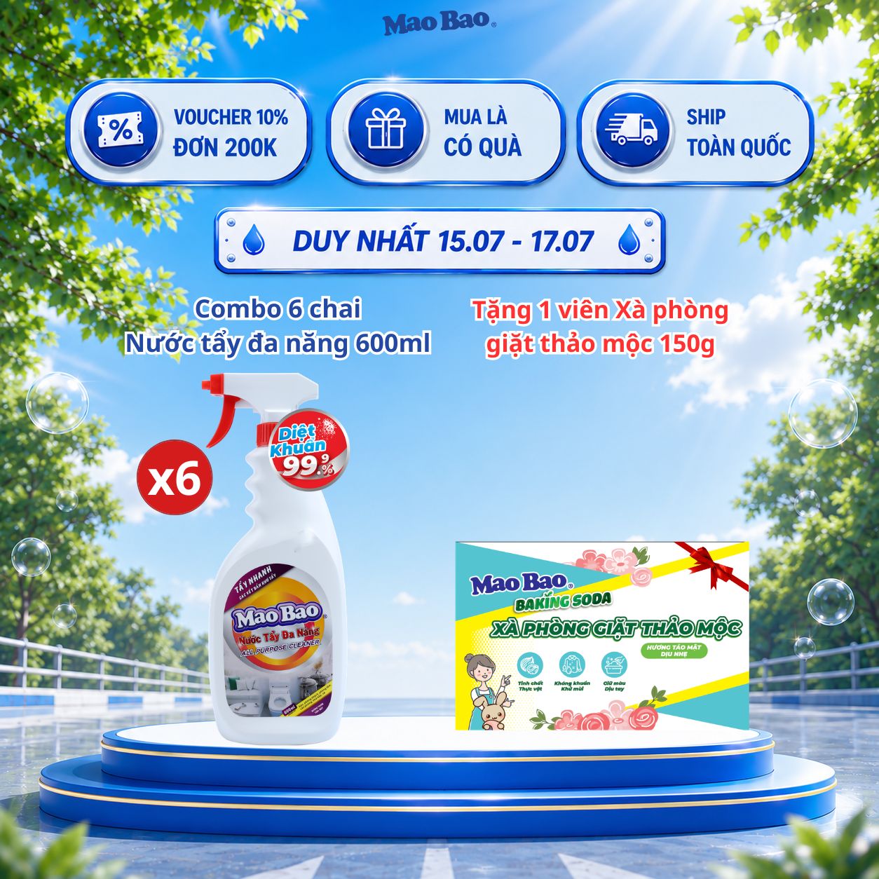 Combo 6 chai Nước tẩy đa năng Mao Bao 600ml dễ dàng tẩy sạch vết ố, dầu mỡ, gỉ sét, mùi thơm tươi mát