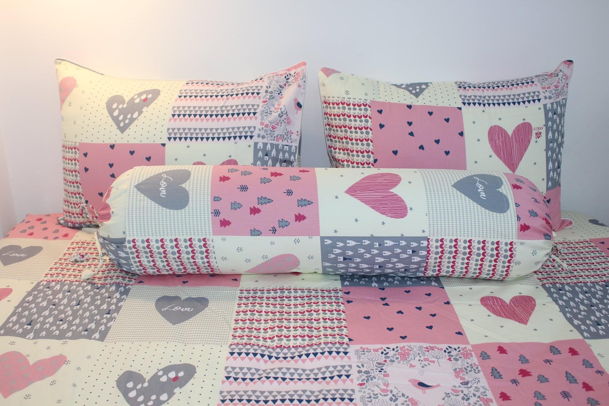 Bộ drap gối 100% cotton thiên nhiên KHA LY ( 4 món) mềm mịn thấm hút mồ hôi, mẫu LOVE HỒNG
