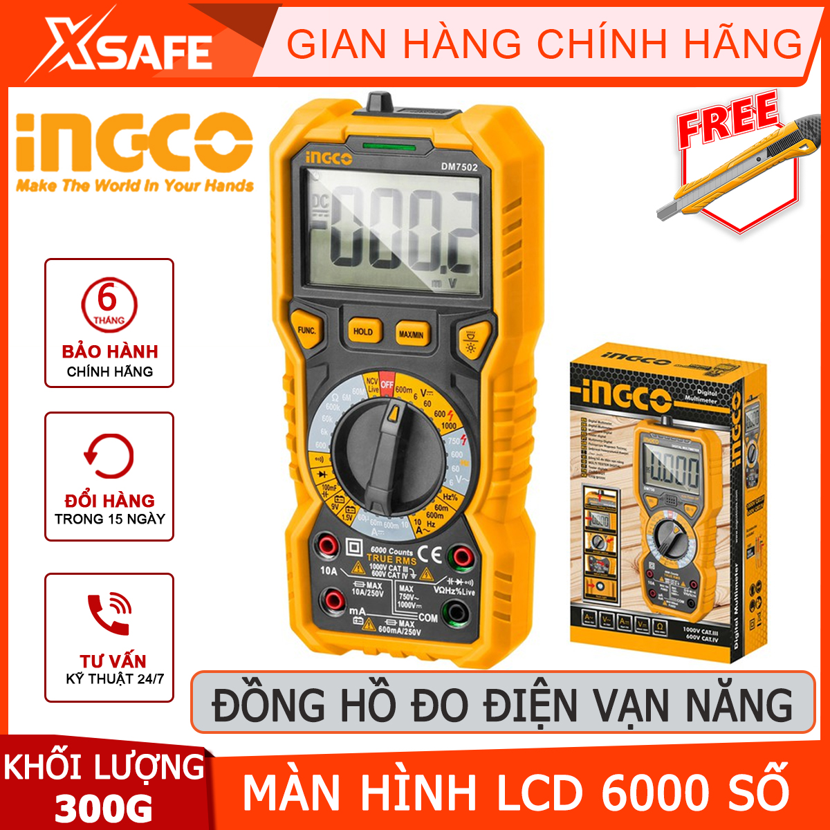Đồng multimeter digital ingco DM7502 | copper multimeter LCD screen, the Count of 6000 voltage DC 600mv/6V/60V/600V/1000V ±(0.5% + 3) measure voltage, current, AC/DC, measuring frequency and temperature [xsafe] [genuine]