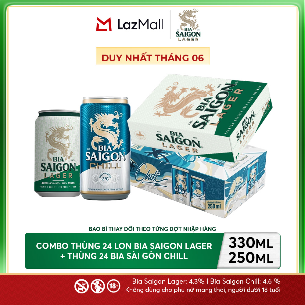 Nồng Độ Cồn 4.3% - Combo 1 Bia Saigon Lager 330ml + Nồng Độ Cồn 4.6% - 1 Bia Sài Gòn Chill 24 Lon 250ml