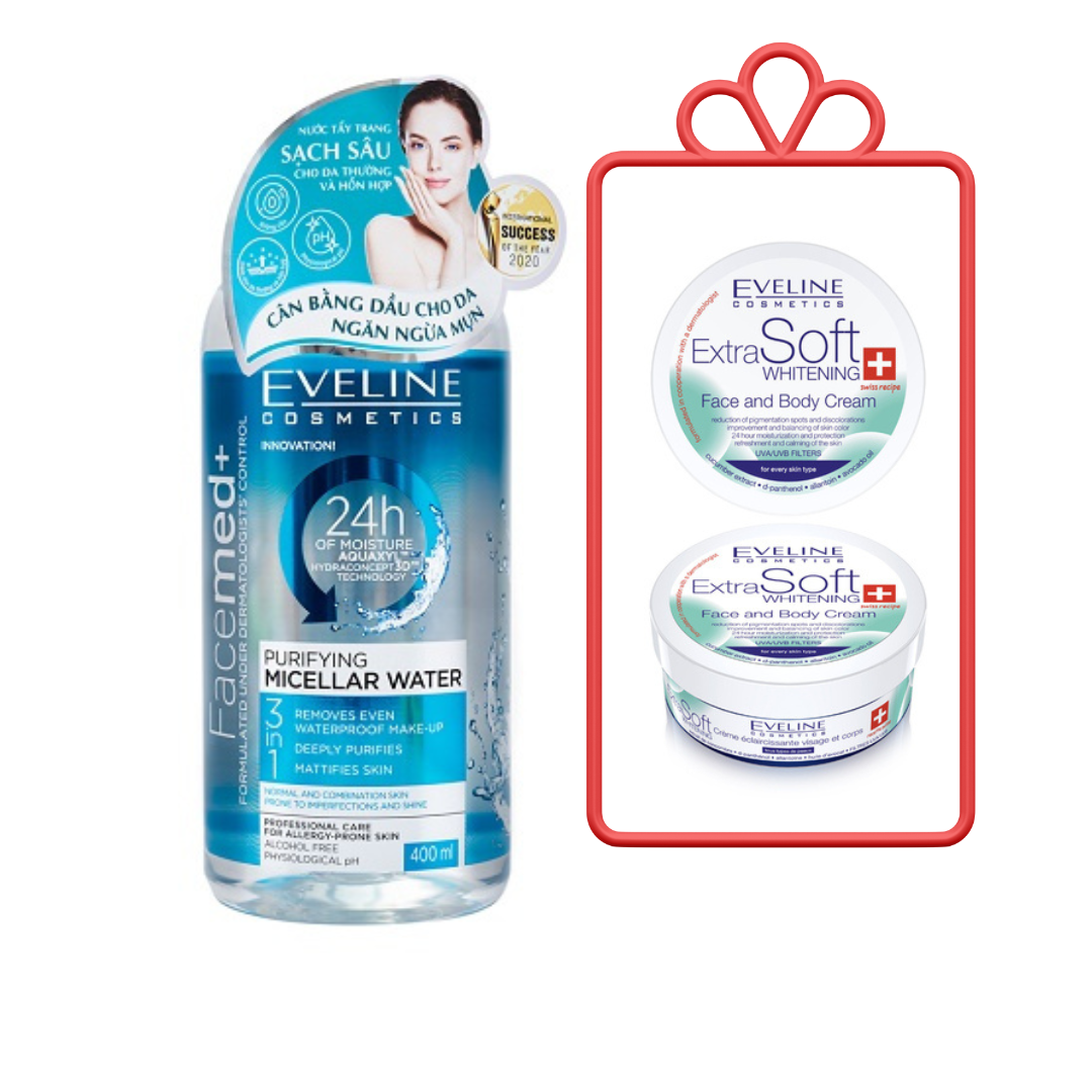 Nước tẩy trang Eveline Facemed+ sạch sâu 3 tác động 400ML TẶNG Kem dưỡng Eveline Extra Soft trắng da mặt - toàn thân 200ML