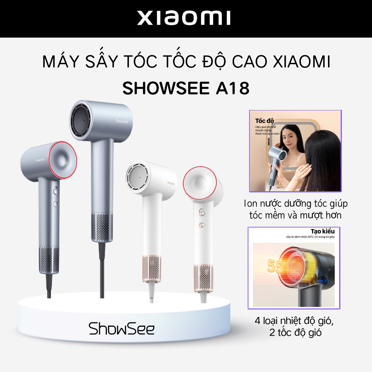 Máy Sấy Tóc Ion Âm Xiaomi ShowSee A18 Chính Hãng - Công Suất 1600W - Làm Khô Tóc Nhanh Dưỡng Ẩm - Mi Fans