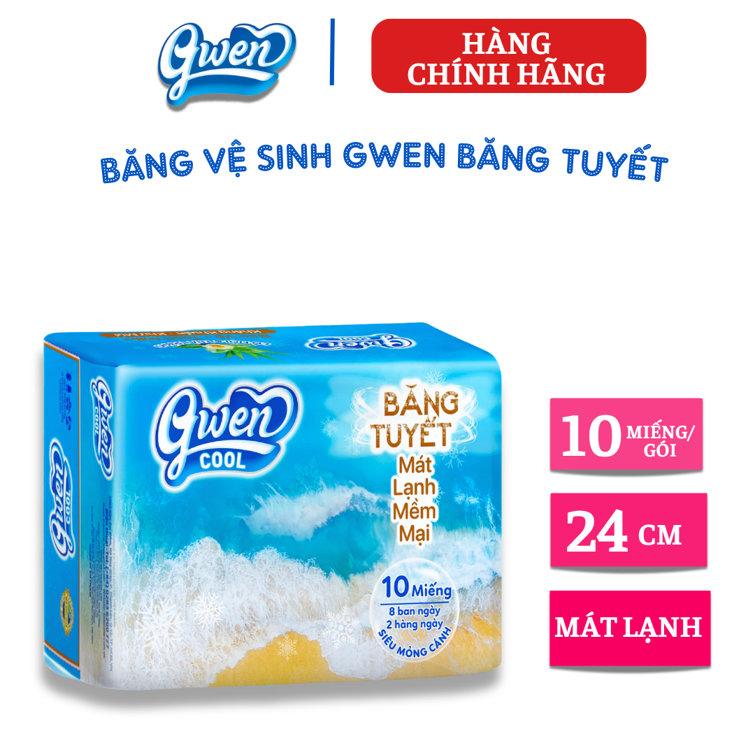 {Hàng chính hãng} Băng vệ sinh GWEN COOL BĂNG TUYẾT 10 miếng, BVS  ban ngày, có cánh, MẶT VẢI, băng tuyết mát lạnh