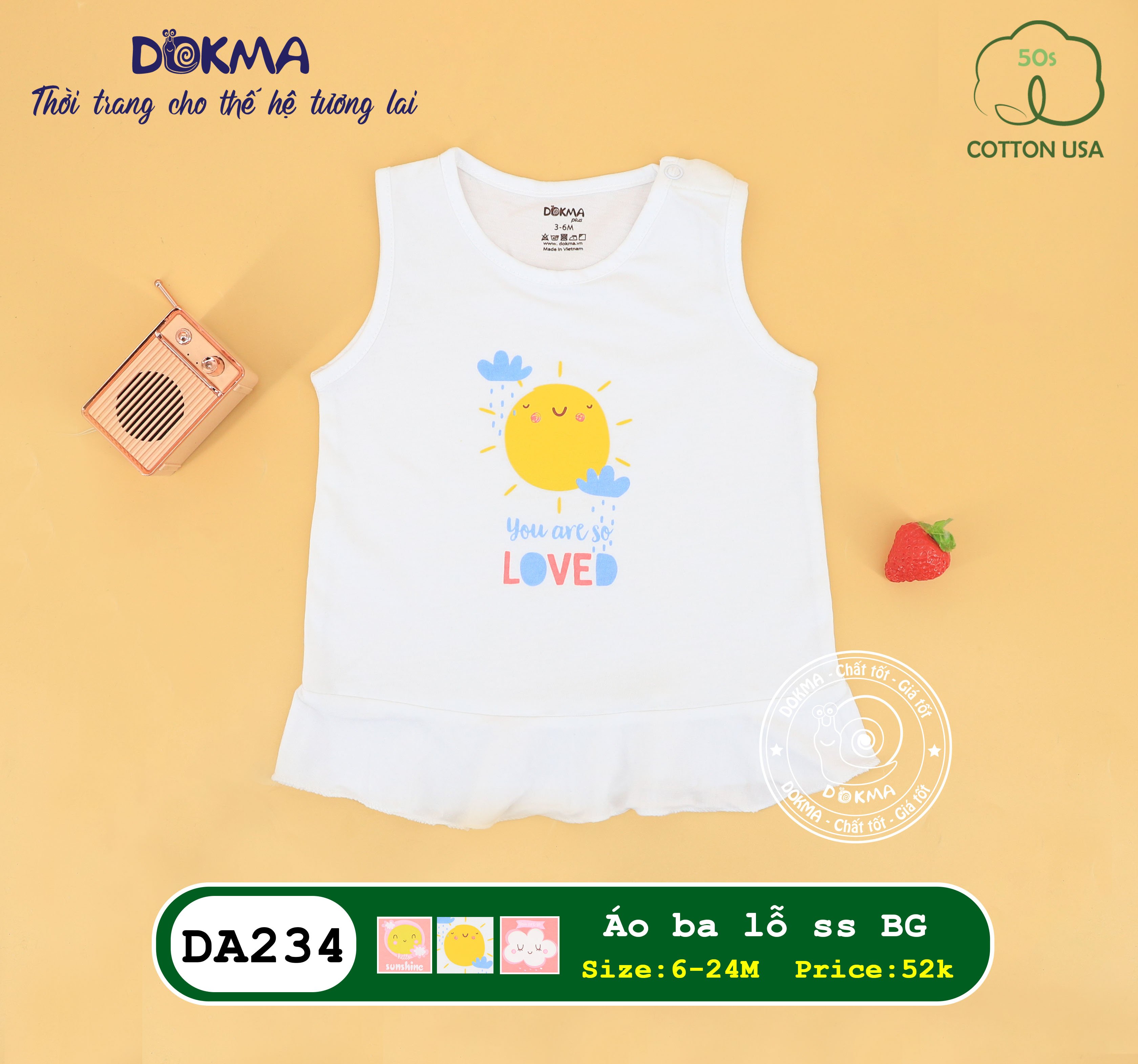 DA234 Áo sơ sinh sát nách bé gái Dokma cho bé từ 5kg đến 13kg - (6-24M)