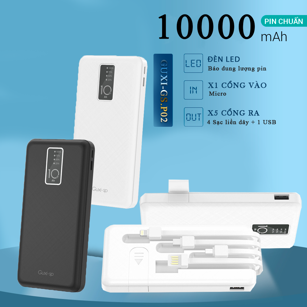 Pin Sạc Dự Phòng Power Bank Guxi.Sp GS-P02 4 cổng có dây và 1 cổng USB Dung lượng 10.000mAh Input 5V, 2A - 4 cổng sạc có dây - hàng chuẩn Công Ty