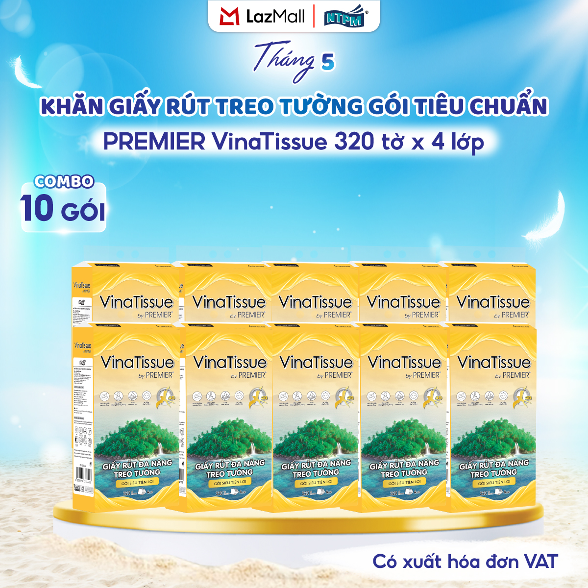 [COMBO 10 GÓI , KHÔNG MÓC TREO] Giấy rút treo tường PREMIER Vinatissue, 4 lớp - 100% bột giấy nguyên sinh, không chất tẩy, 320 tờ/gói tiêu chuẩn - Chính hãng