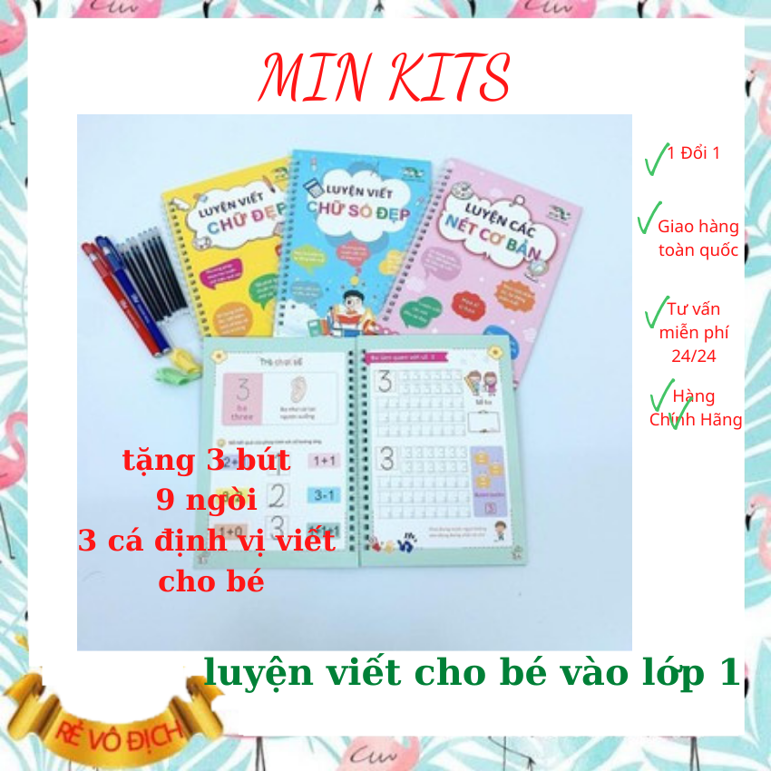 Vở Bộ 3 Quyển Luyện Viết Thần Kỳ Tự Xóa Chữ Đẹp - Số Đẹp - Nét Cơ Bản Phiên Bản Chuẩn Tiếng Việt - Tặng kèm 2 Bút Và 8 Ngòi Bút MIN KITS