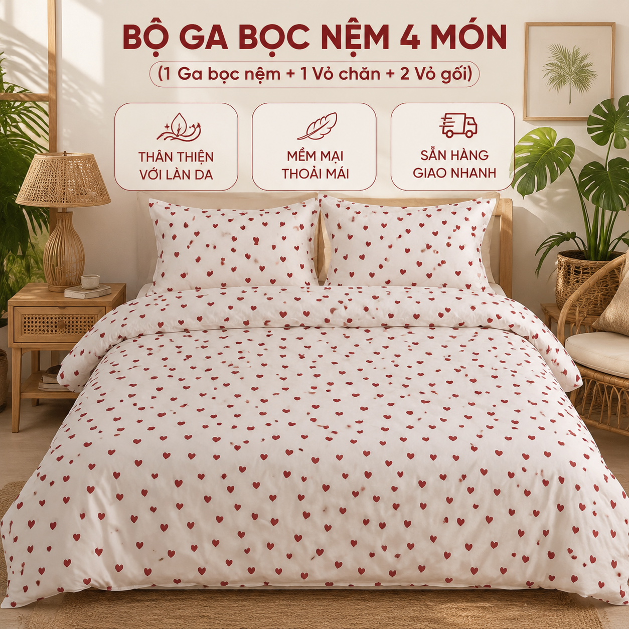 SẴN GIAO NGAY Bộ chăn ga gối 4 món Vải Đũi ga bo thun m6 m8 trái tim đỏ phong cách Hàn Quốc