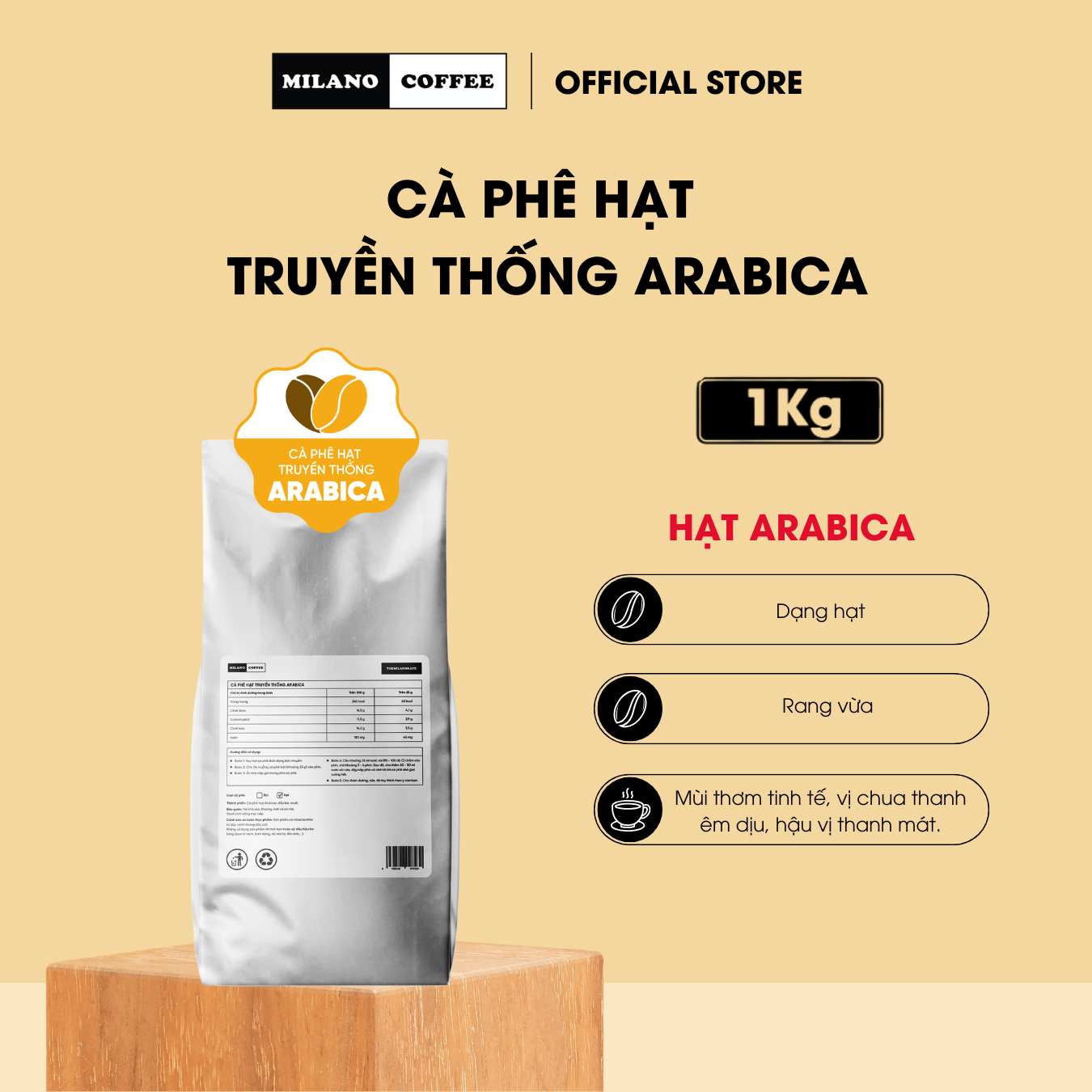 Cà phê Milano loại cà phê hạt Moka 1kg