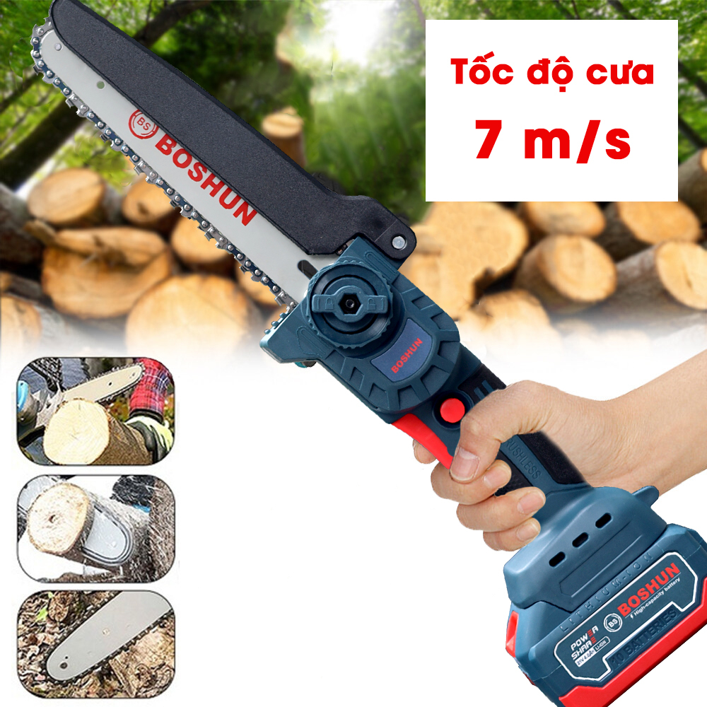 Máy cưa xích dùng pin boshun - pin 21v, lưỡi cắt sắc bén, không chổi than, chân pin phổ thông, bảo hành 12 tháng bs-cs08