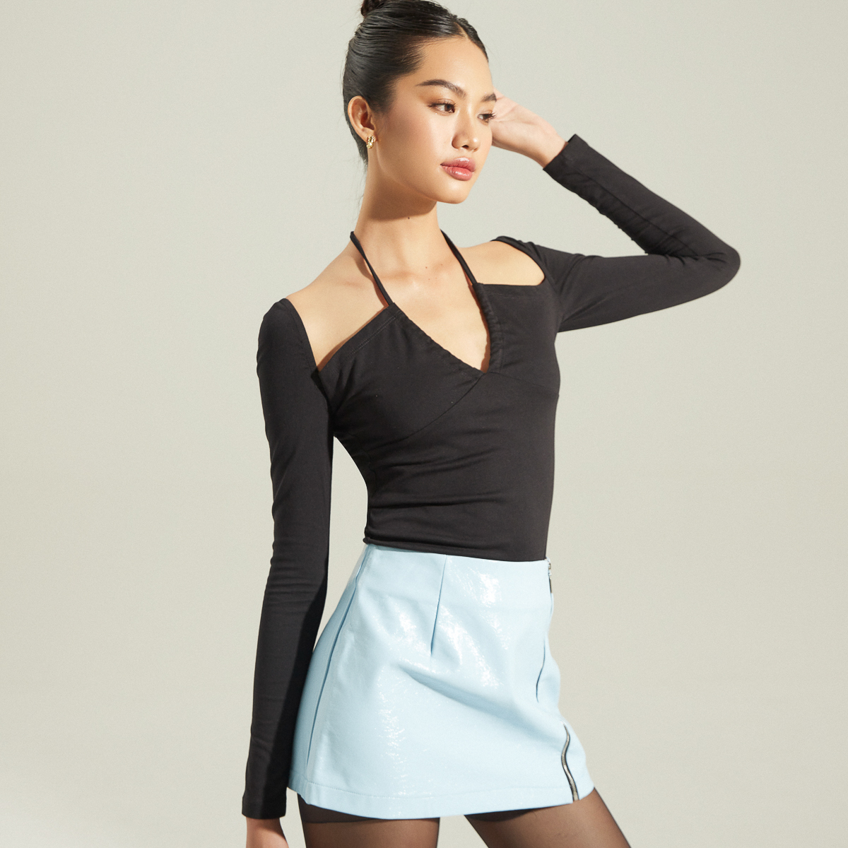 Áo Maybi ôm thun cổ phối dây rút