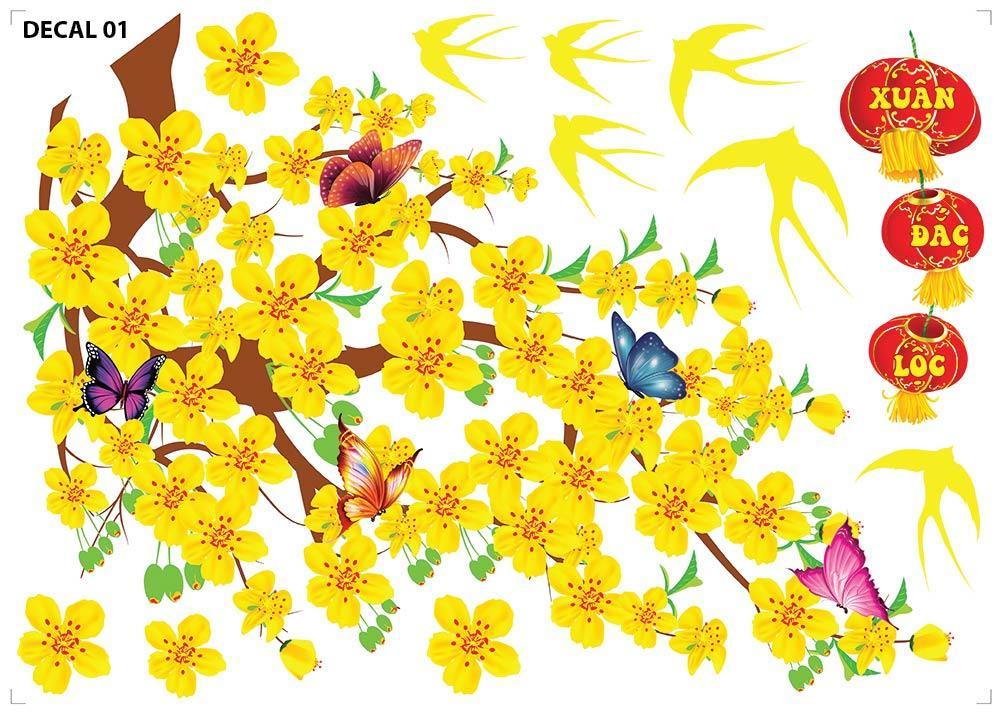 Decal tết in nổi 4D Cành mai cành đào trang trí nhà cửa văn phòng dán đối xứng tết