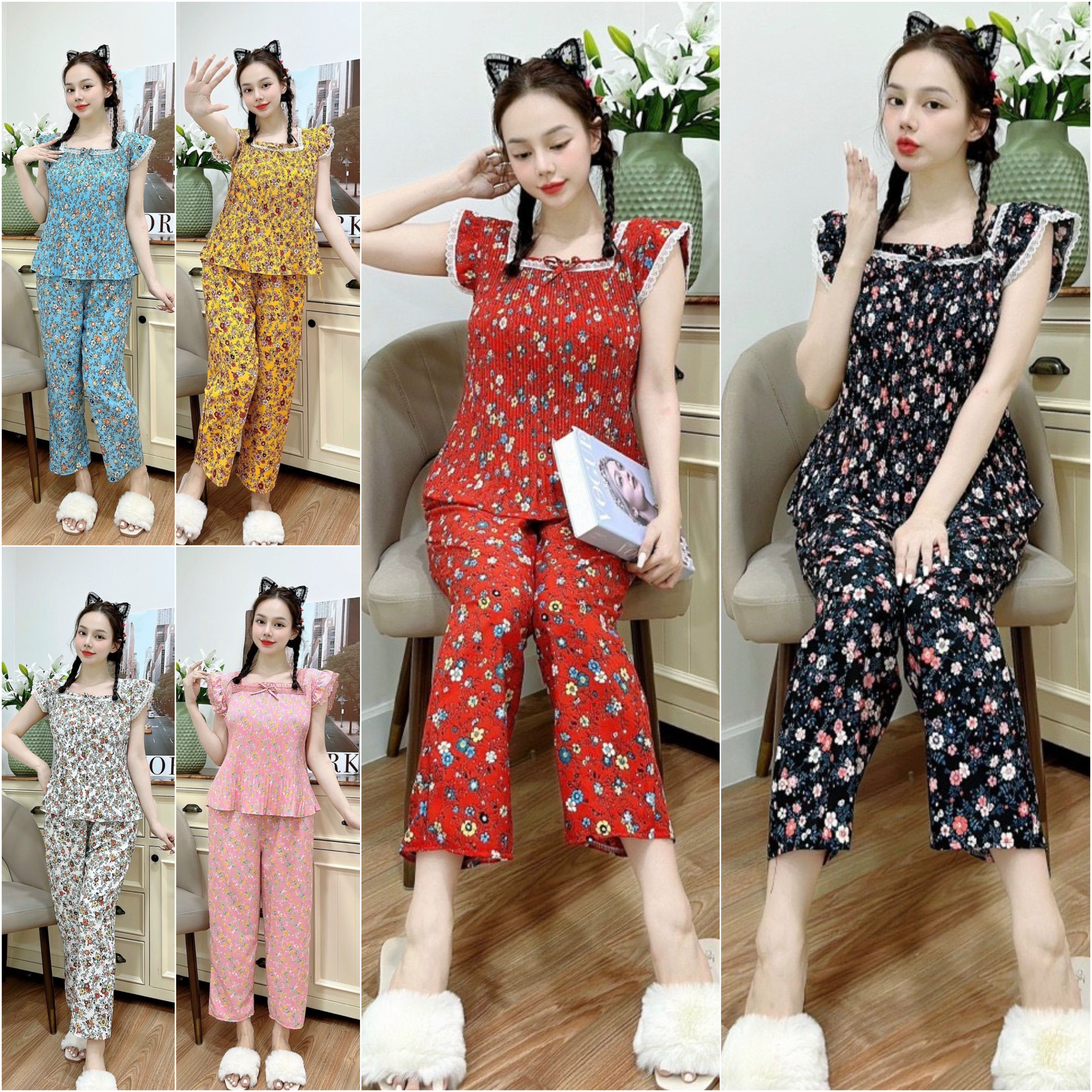 [CÓ TÚI QUẦN] Đồ Bộ Tay Ngắn Quần Dài Vải Lụa Phối Ren Tiểu Thư Xinh Xắn Dưới 55kg