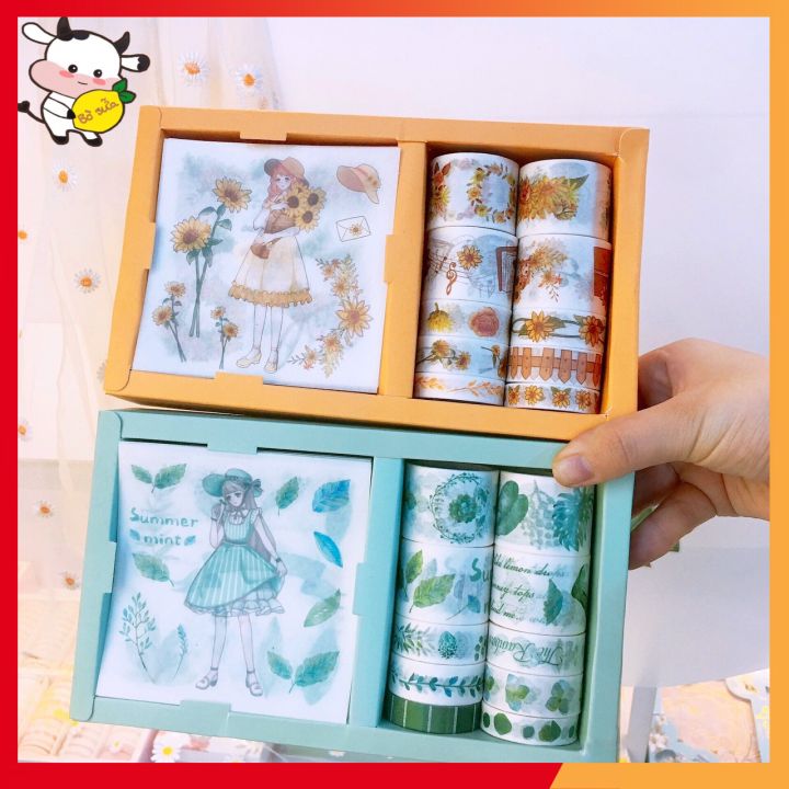 Hộp Washi Tape Và Sticker Cute Dễ Thương Dán Trang Trí Sổ Tay Góc Học Tập Book Mark Cổ Trang Vintage Anime