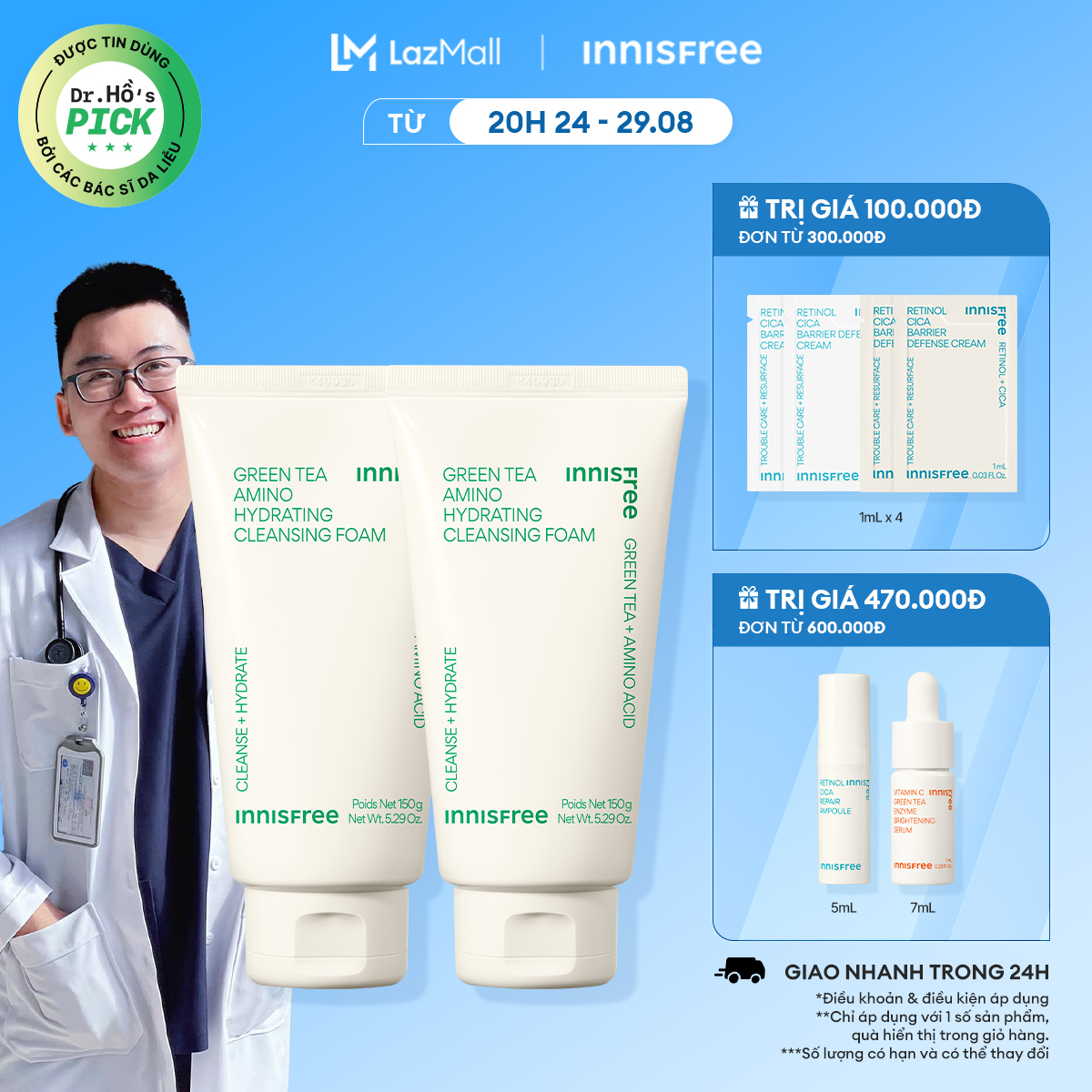 Bộ 2 sữa rửa mặt làm sạch và cấp ẩm từ trà xanh innisfree green tea hydramino cleansing foam 150g*2
