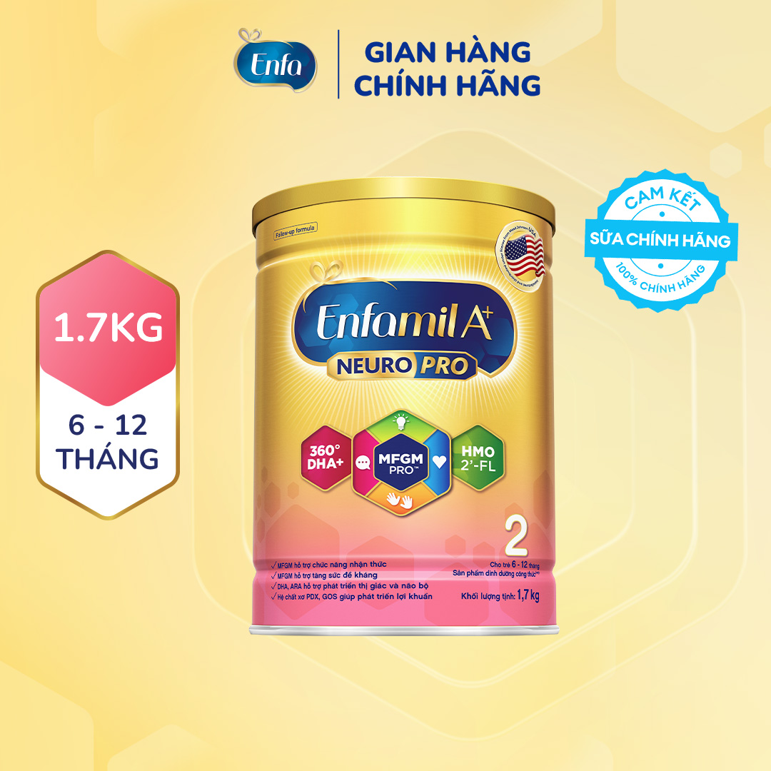 Sữa bột Enfamil A+ NeuroPro 2 Vị thanh mát 2'FL HMO với dưỡng chất DHA  MFGM cho trẻ từ 6 –12 tháng tuổi– 1.7kg