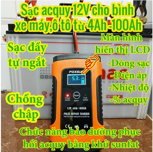 Sạc bình ắc quy 12V FOXSUR tự ngắt khi đầy chức năng bảo dưỡng phục hồi ắc quy bằng khử sunfas chống ngược cực