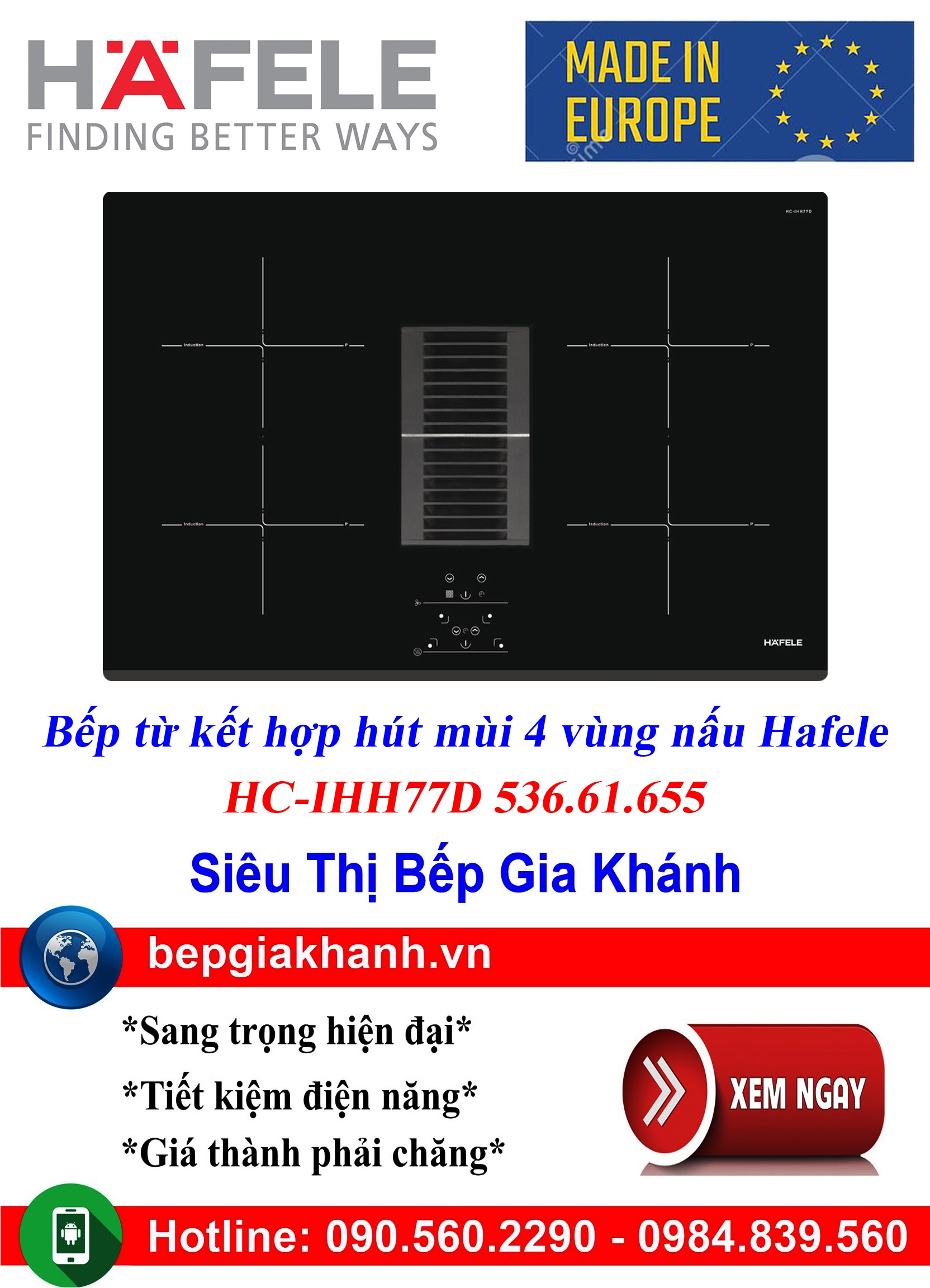 Bếp từ kết hợp hút mùi Hafele HC-IHH77D 536.61.655 nhập khẩu Châu Âu, bếp từ, bếp điện từ, bếp từ đôi, bếp điện từ đôi, bếp từ giá rẻ, bếp điện từ giá rẻ, bếp từ đơn, bep tu don, bep tu