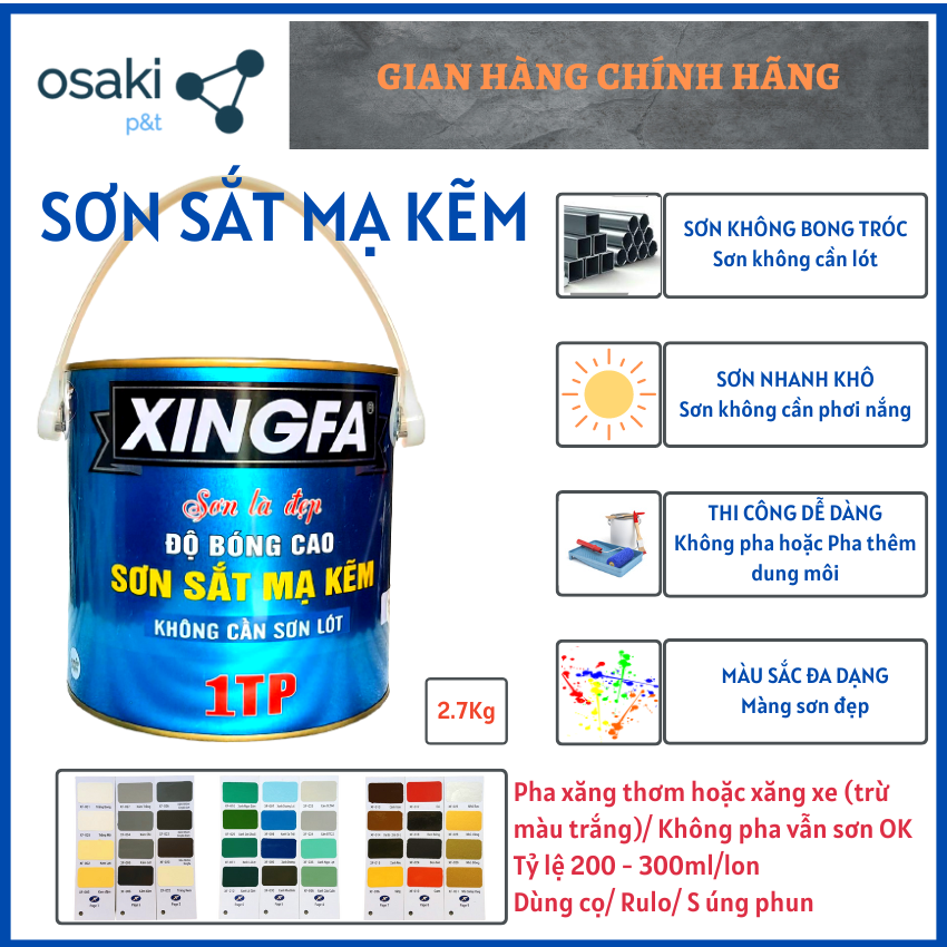 [HCM+Freeship] Sơn Sắt Mạ Kẽm 1 Thành phần, Sơn Không Cần Lót, Sơn Không Bong Tróc, Sơn Nhanh Khô Bền Màu Đẹp - Cung Cấp Sỉ Lẻ (2,7 Kg/Lon) - XINGFA