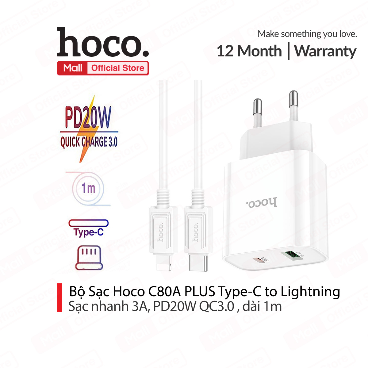 Bộ sạc nhanh hoco c80a plus pd 20w có 2 cổng sạc nhanh 3a kèm cáp type-c to lightning dài 1m