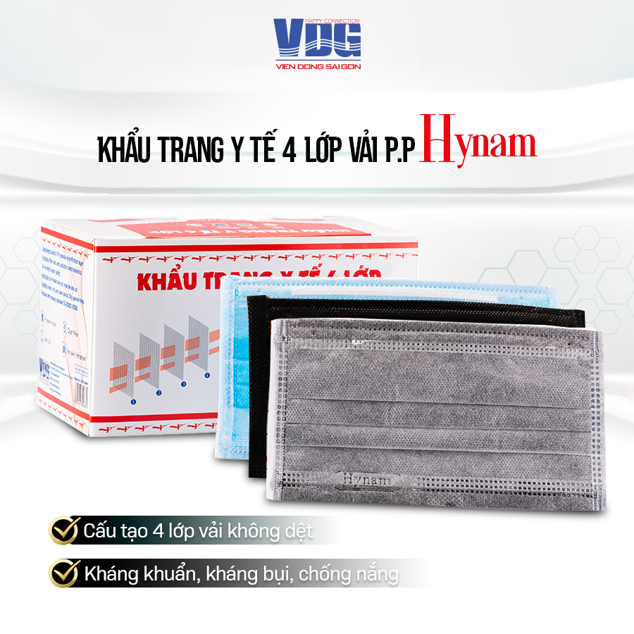 Khẩu trang y tế 4 lớp hộp 50 cái màu xám Hynam - Chính hãng, chống, lọc bụi mịn, ngăn giọt bắn tiếp xúc, chống nắng - Vien Dong Sai Gon